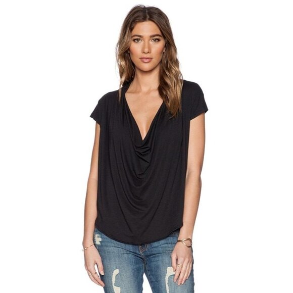 Free People Black Cowl Neck Short Sleeve Cotton Blend Tee Women's Size Small S - Picture 1 of 6